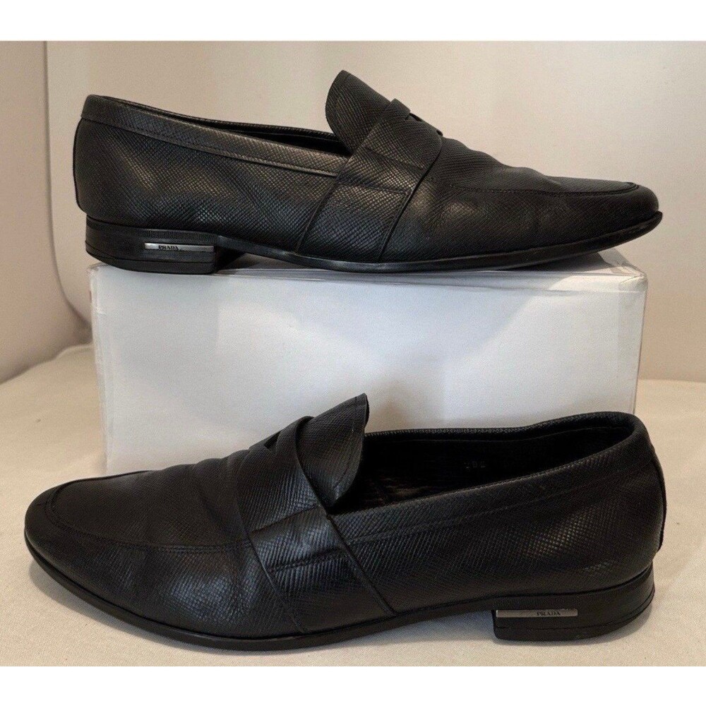 PRADA Black Leather Loafers Men's Dress Shoes